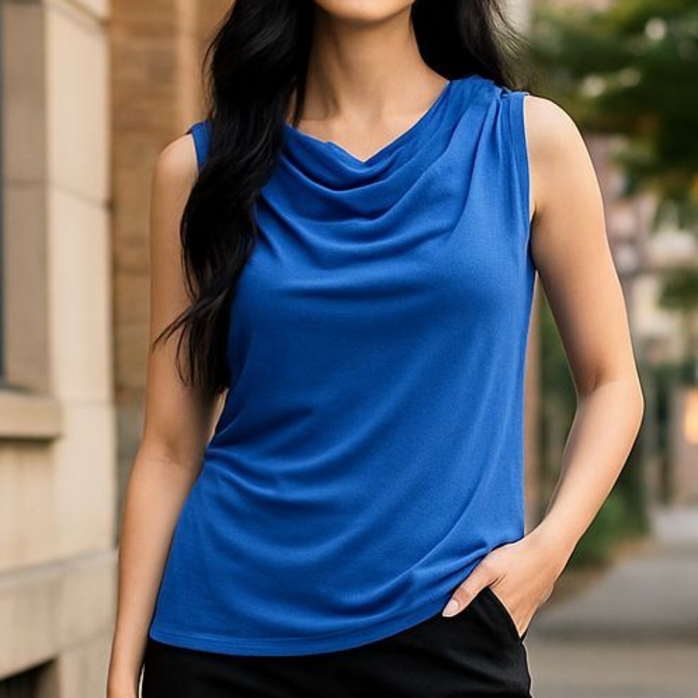 GRAYSON | Elegant Blue Drape Neck Women's Sleeveless Tank Layering Top | XL‎